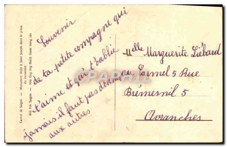CPA Carmel de Saigon Indochine Monument dedie a Saint Joseph Vietnam — Verso