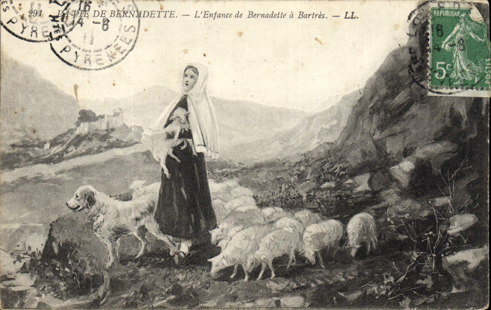 CPA Lourdes L'enfance de Bernadette a Bartres Moutons Chien