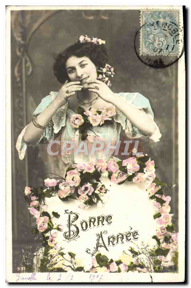 Jeune femme en robe fleurie — Bonne Année 1907 — Grenoble