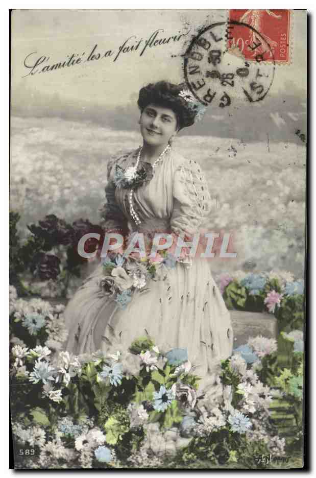 Femme en robe fleurie — 'L'amitié les a fait fleurir' — anonyme, n° 589