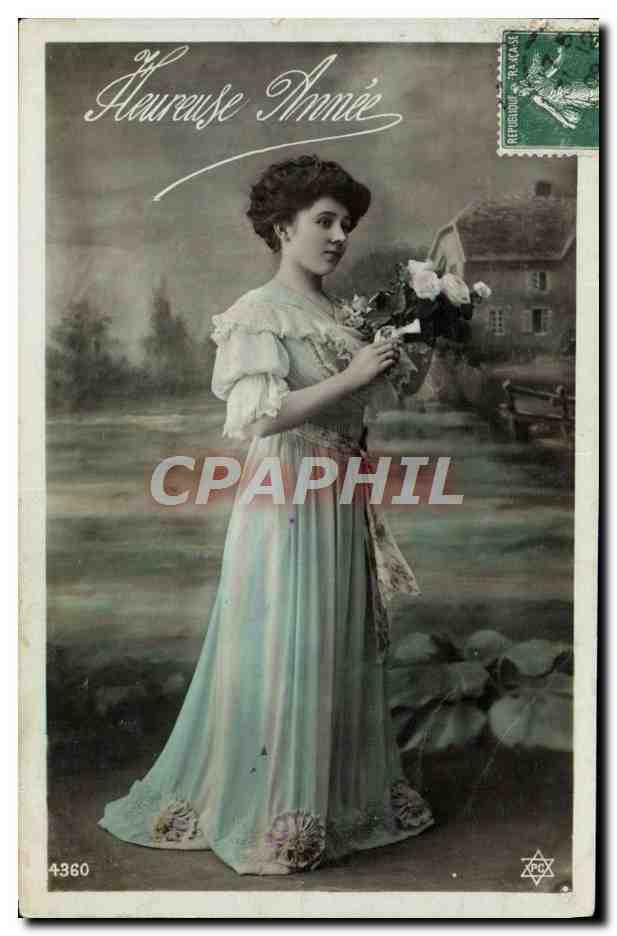 Femme en robe bleue tenant un bouquet — Heureuse Année — éditeur anonyme, n° 4360