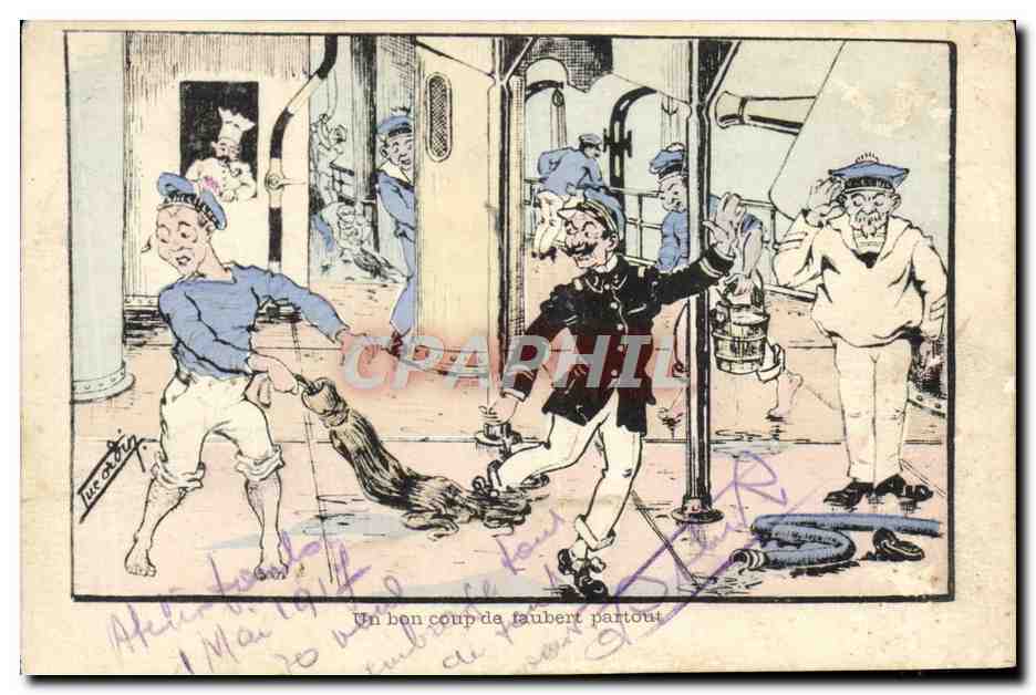 Scène de bain à bord d'un navire — dessin de Juc Adam — éditeur non visible
