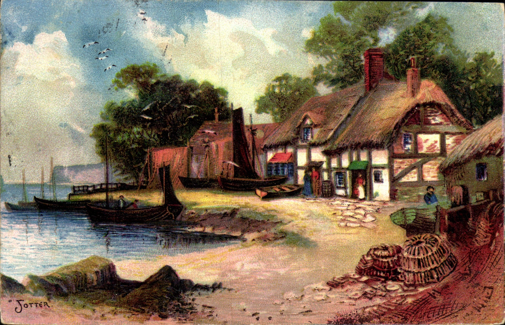 CPA Fantaisie Maisons et petit port Bateaux 