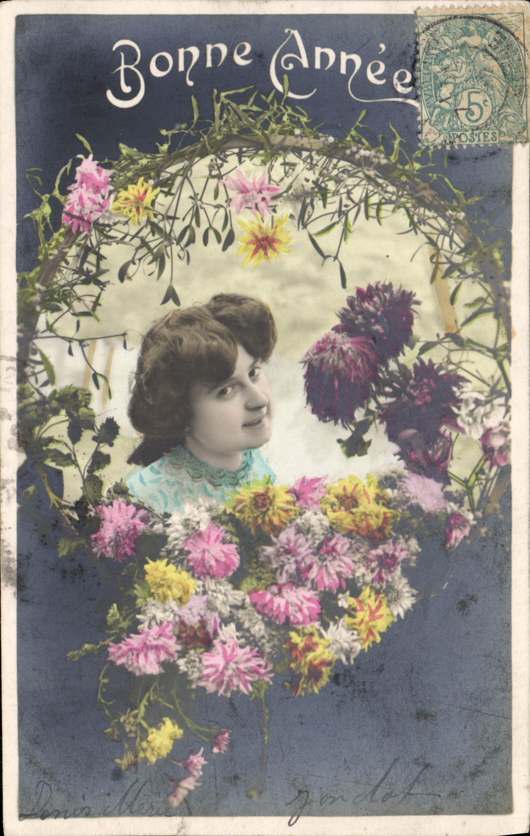 Femme dans un cadre floral — Bonne Année — éditeur inconnu, n° de série non visible