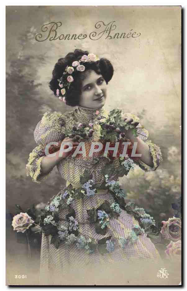 Jeune femme en robe fleurie — Bonne Année — N° 3001, éditeur N.J. (N. Jules)