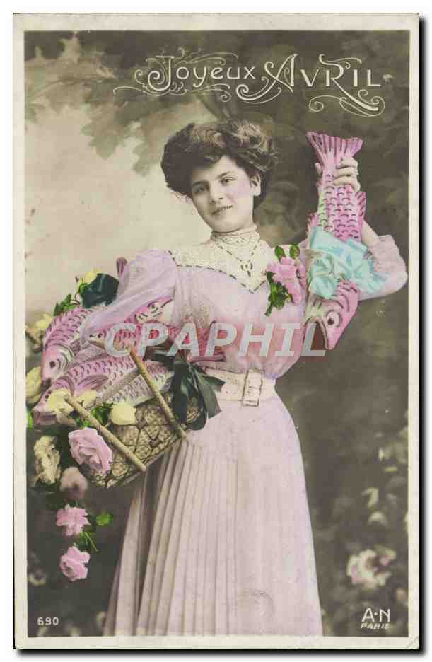 Jeune femme en robe rose tenant un panier de poissons et des fleurs — A.N. PARIS, n° 690