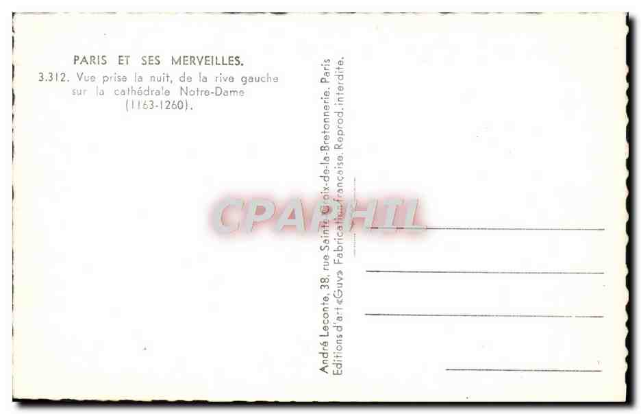 CPM Paris Ses Merveilles Vue Prise la nuit de la Rive gauceh sur la cathedrale Notre Dame — Verso