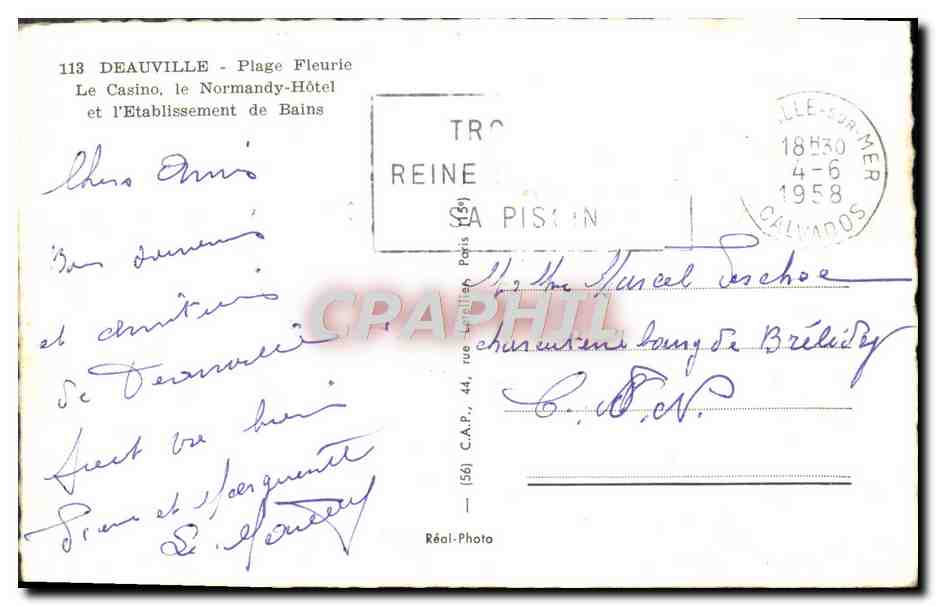 CPM Deauville Plage Fleurie Le Casino le Normandy Hotel et l'etablissement des Bains  — Verso