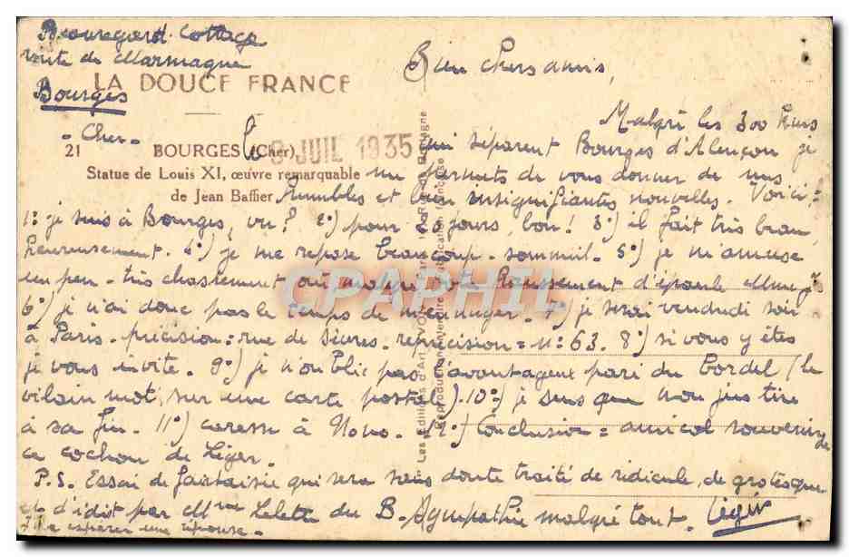 CPA Bourges statue de Louis XI — Verso