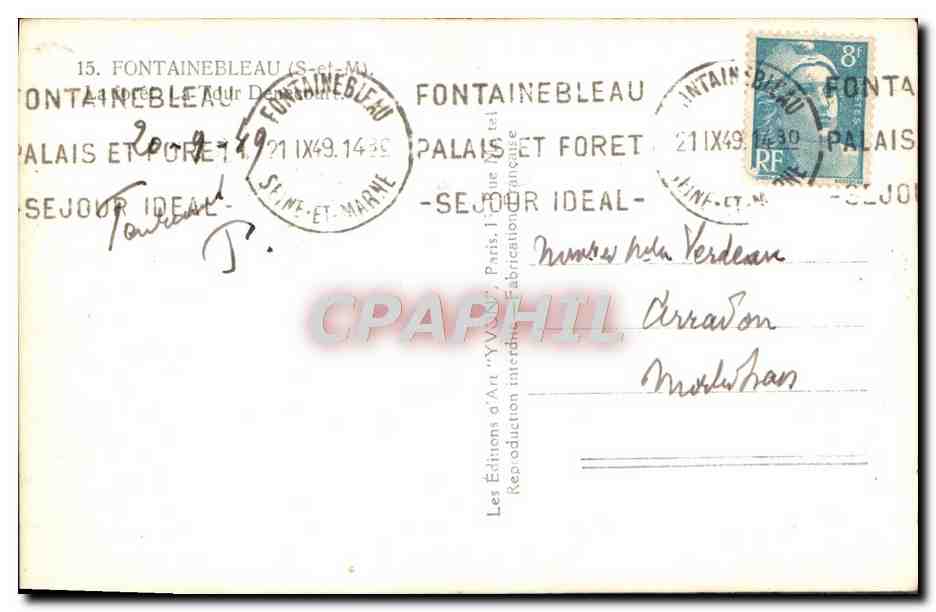 Cartolina moderna Fontainebleau La foret La Tour Denecourt — Verso