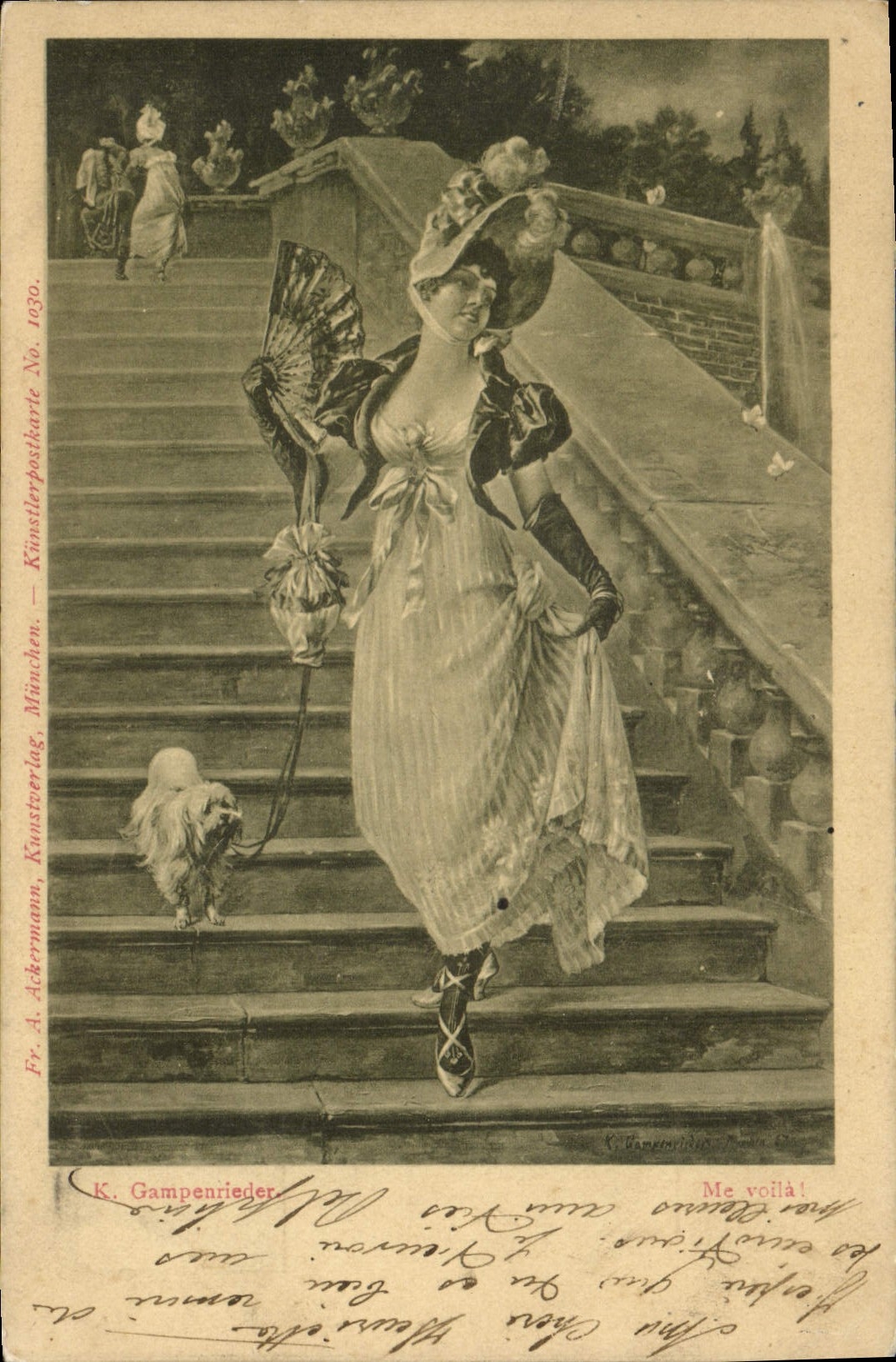 Femme en robe de soirée et chien sur les marches — K. Gampenrieder — Künstler-Postkarte Nr. 1630 — Munich, Kunstverlag A. Ackermann