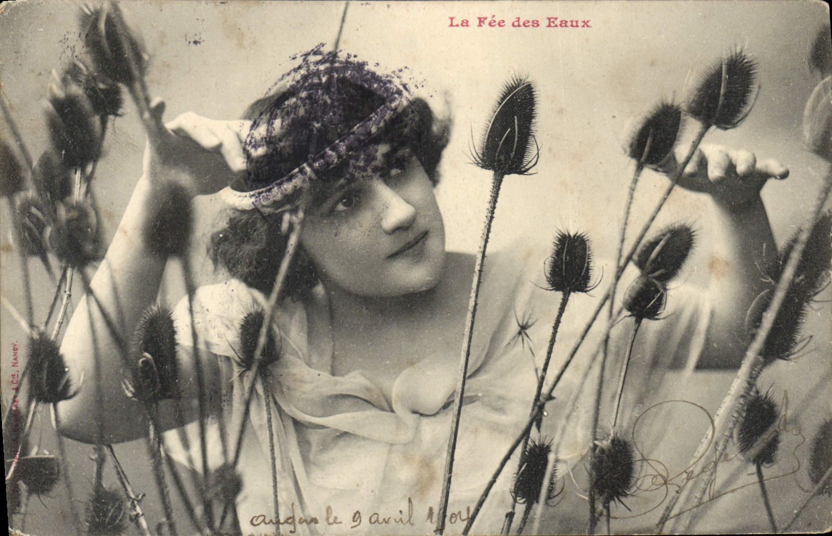 La Fée des Eaux — photographie d'une jeune femme parmi des plantes — éditeur N. N. (Nayem) n° 104