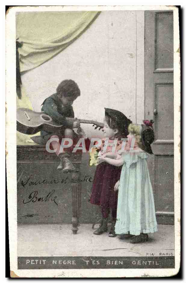 Antike Ansichtskarte Kinder Kleiner neger du bist sehr nett Gitarre