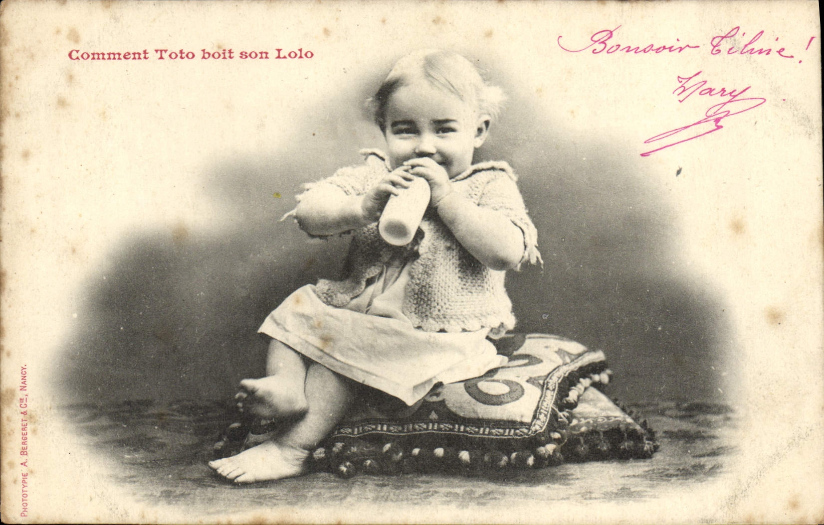 CPA Fantaisie Enfant Bebe Comment Toto boit son lolo