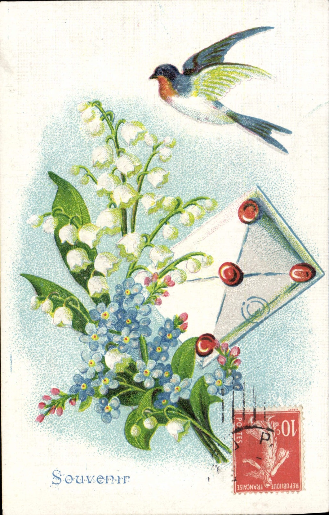 CPA Fantaisie Muguet Souvenir Oiseau