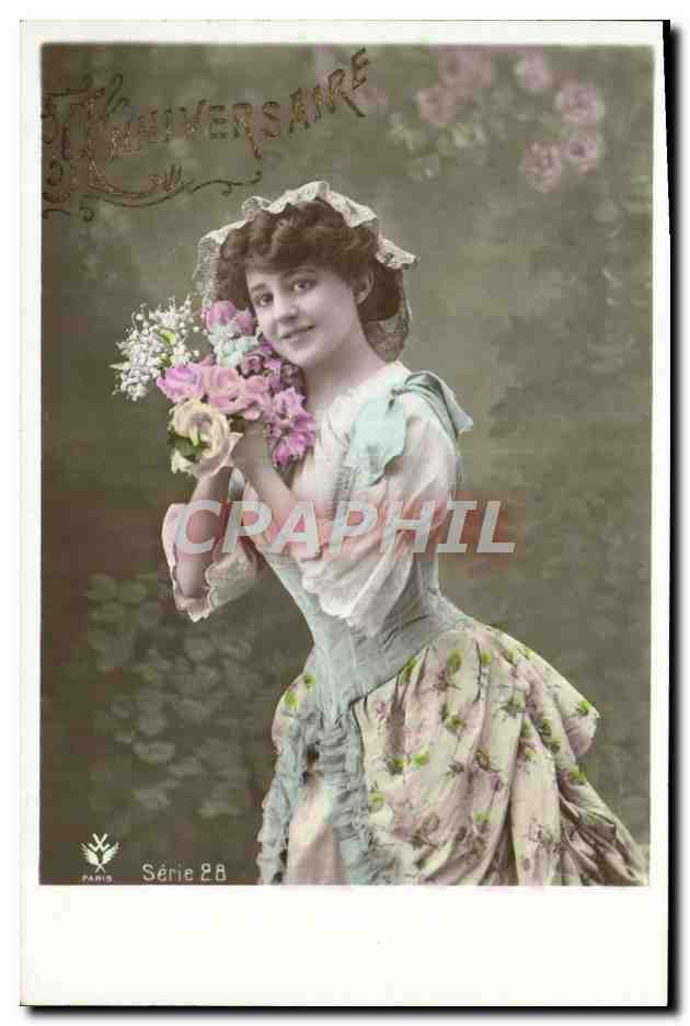 Geburtstagsgrüße — junge Frau in Blumenkleid mit Blumenstrauß — Paris, Serie 28