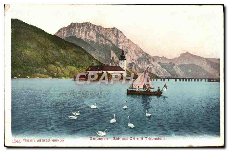 CPA Gmunden Schloss Ort mit Traunstein Bateau Cygnes