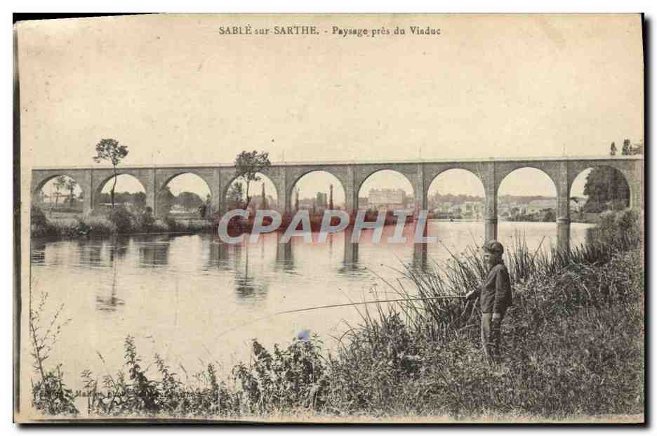 CPA Sable Sur Sarthe Paysage Pres Du Viaduc Enfant peche Pecheur