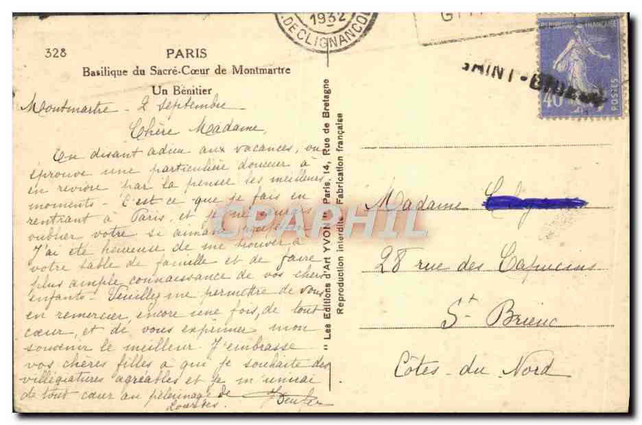 CPA Paris Basilique Du Sacre Coeur De Montmartre Un Benitier — Rückseite