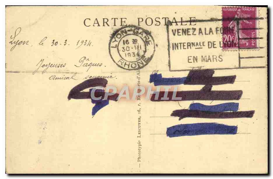 CPA Lyon Illustre Place Bellecour Et coteau De Fourviere — Verso