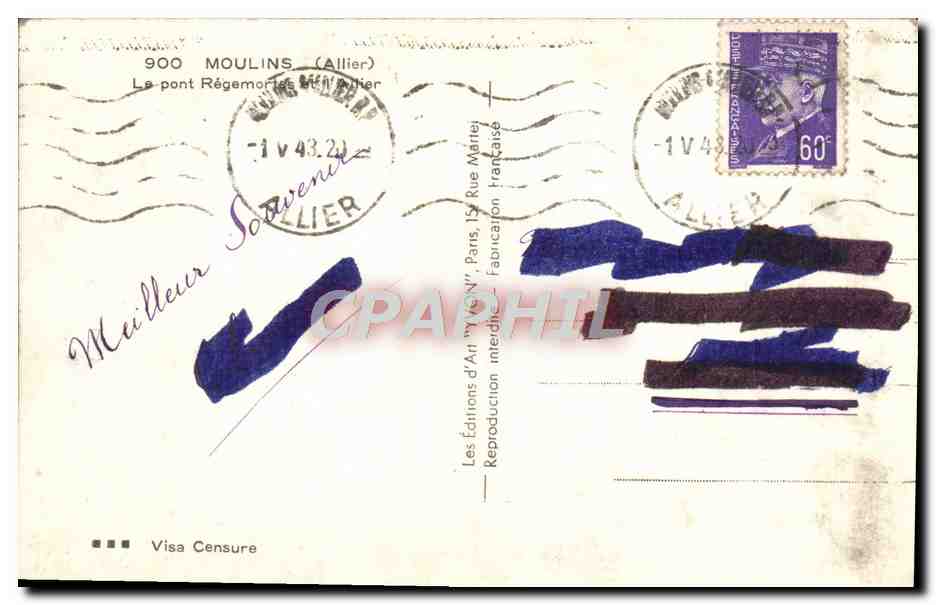CPA Moulins Le Pont Regemortes et l'Allier — Verso
