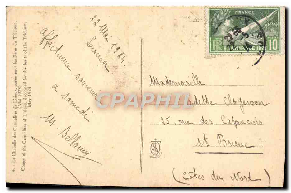 CPA La Chapelle Des Carmelites De Lisieux Pares Pour Les Fetes Du Triduum Mai 1923 — Rückseite