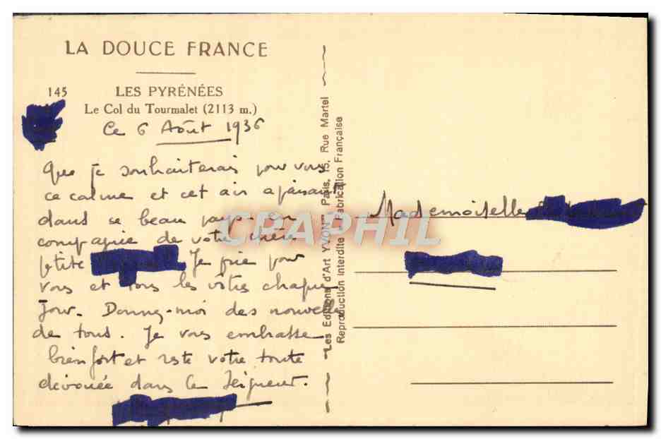 Le Col du Tourmalet (2113 m.) — Les Pyrénées — Édition d'Art Française, n° 145 — Verso