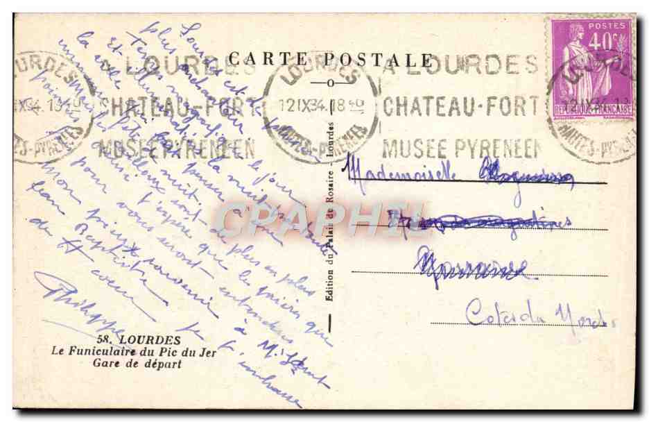 CPA Lourdes Le Funiculaire Du Pic Du Jer Gare De Depart — Verso