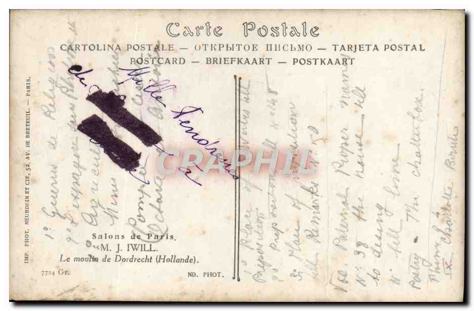 CPA Salons De Paris Iwill Le moulin de Dordrecht Moulin a vent — Verso