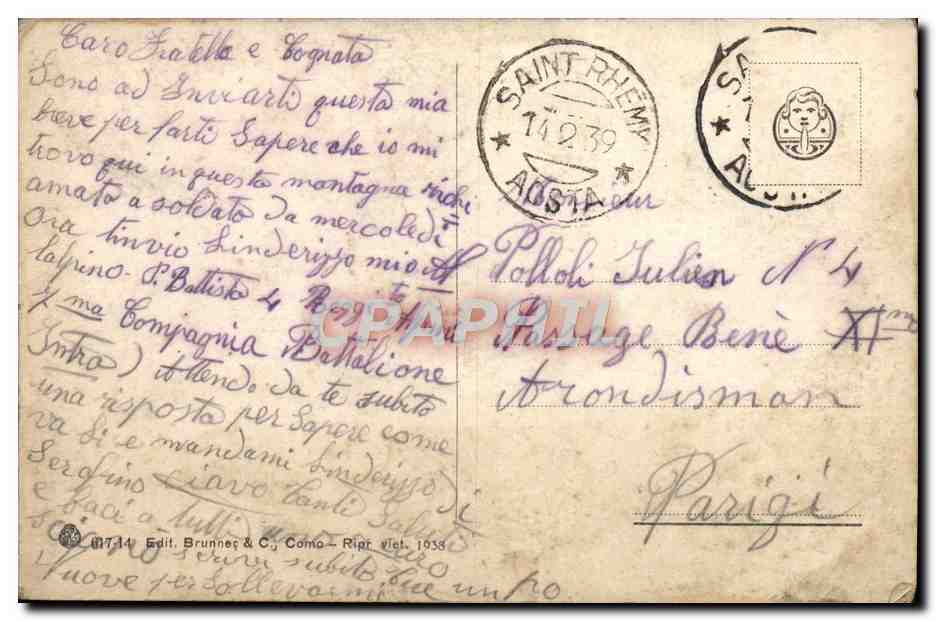 CPA Valle d'Aosta Gran S Bernardo Albergo Italia E Lago Visti Dall Ospizio — Rückseite