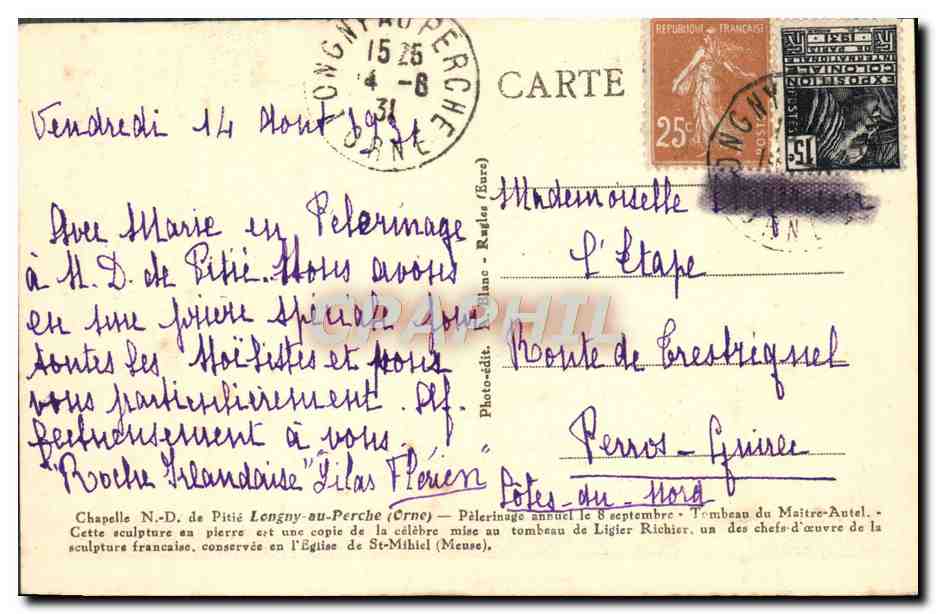 CPA Chapelle ND de Pitie Longny au Perche — Rückseite