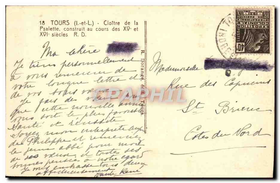 CPA Tours Cloitre de la Psalette — Verso