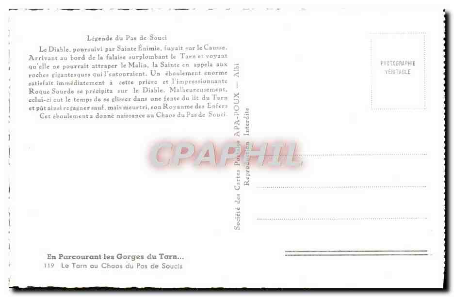 CPM En Parcourant les Gorges du Tarn Le Tarn ou Chaos du Pas de Soucis — Verso
