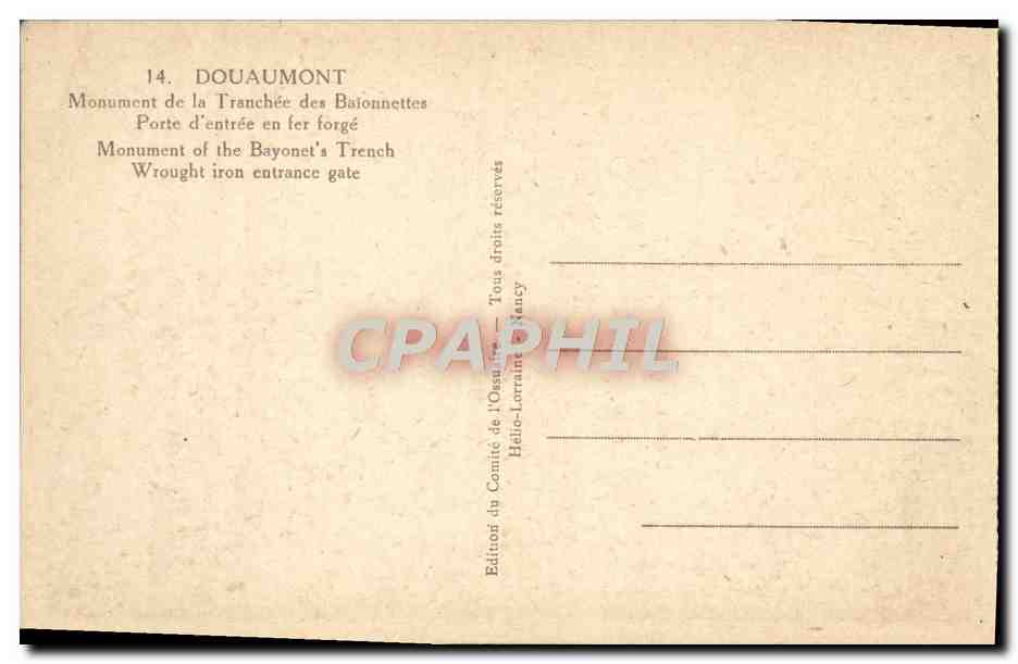 Douaumont — Monument de la Tranchée des Baïonnettes — Porte d'entrée en fer forgé — Édition du Comité de l'Ossuaire, Nancy — Rückseite