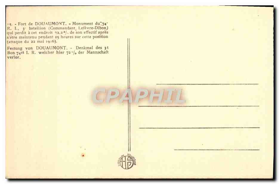 CPA Fort de Douaumont Monument du 74eme Bataillon Militaria — Rückseite