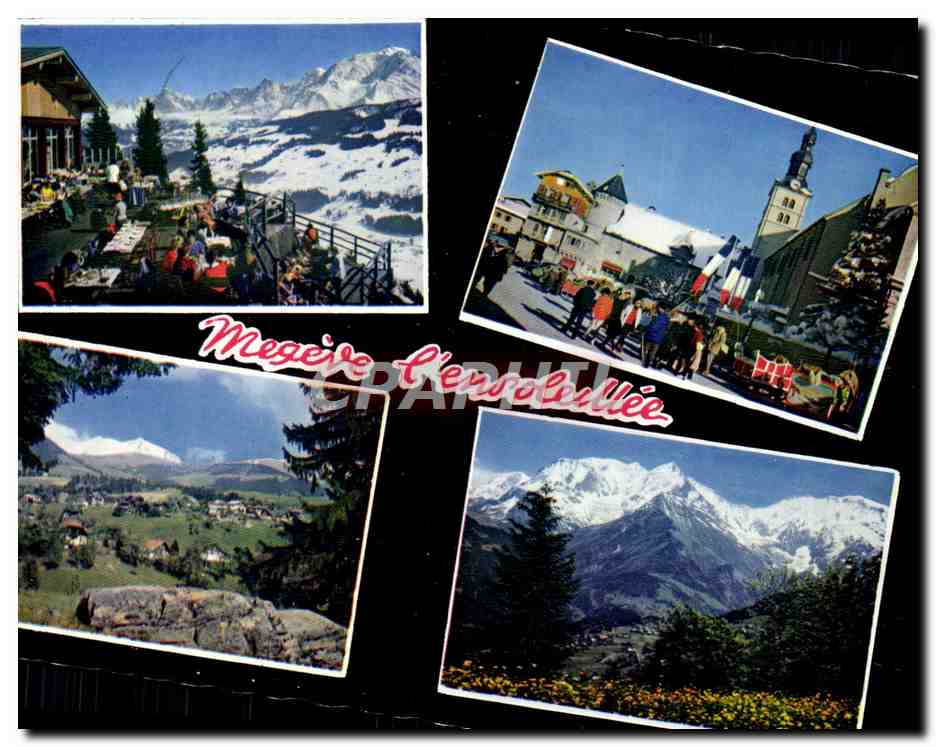 Mégeve l'Ensoleillée — vista generale, terrazza del Jaillet, chiesa, Mont Blanc e i Miages — editore Lumiglace
