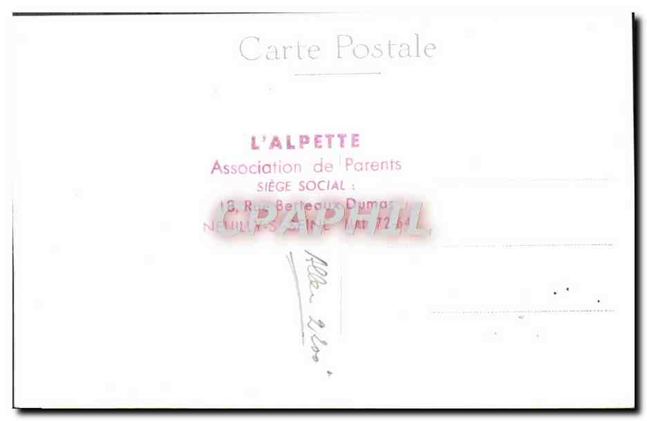 CARTE PHOTO Chalet Savoie Cachet L'Alpette Association de Parents Rue Berteaux Dumas Neuilly sur Seine  — Rückseite