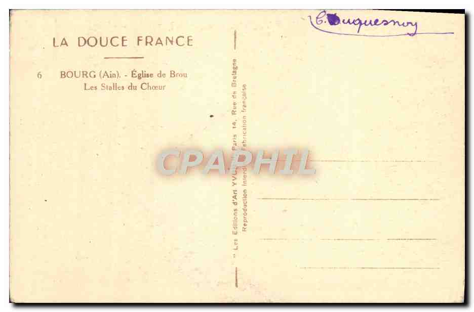 CPA Bourg Eglise de Brou Les Stalles du Choeur — Verso