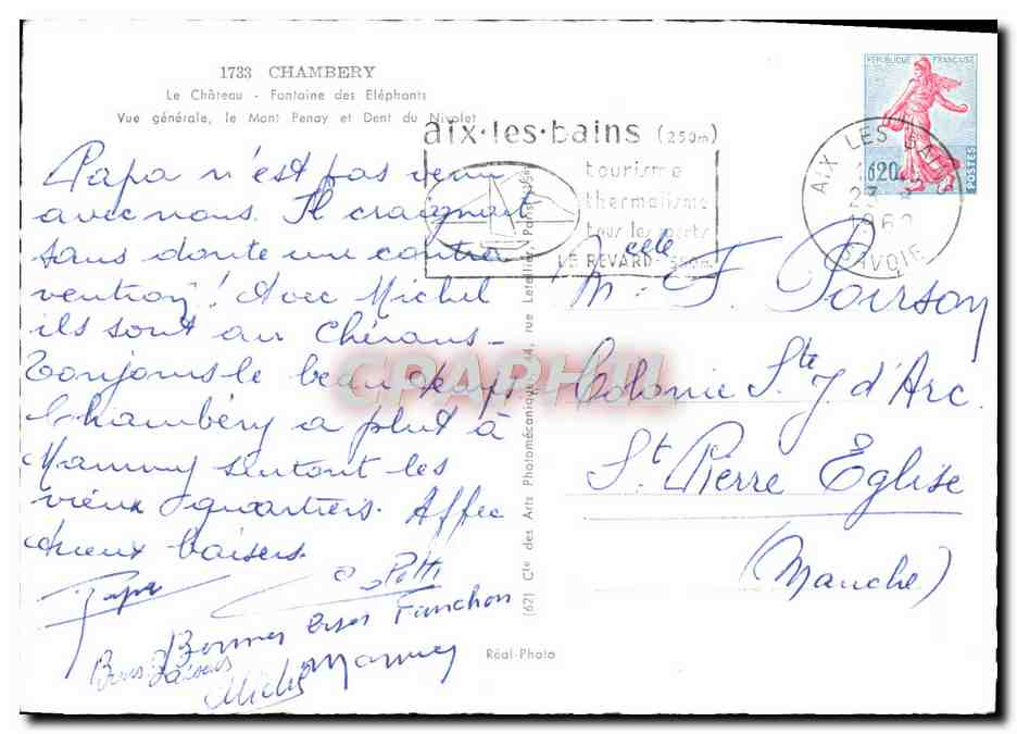 Chambéry — Vue générale, Château, Fontaine des Éléphants, Mont Penay — CPAPHIL — Verso