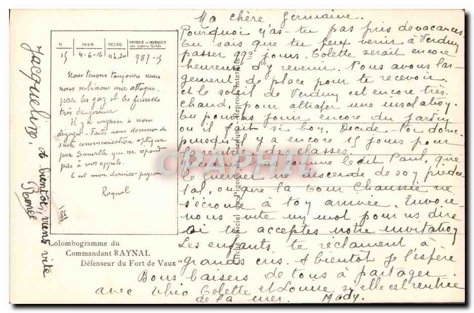 CPA Colombogramme du Commandant Raynal Defenseur du Fort de Vaux Verdun Colombe Militaria  — Rückseite