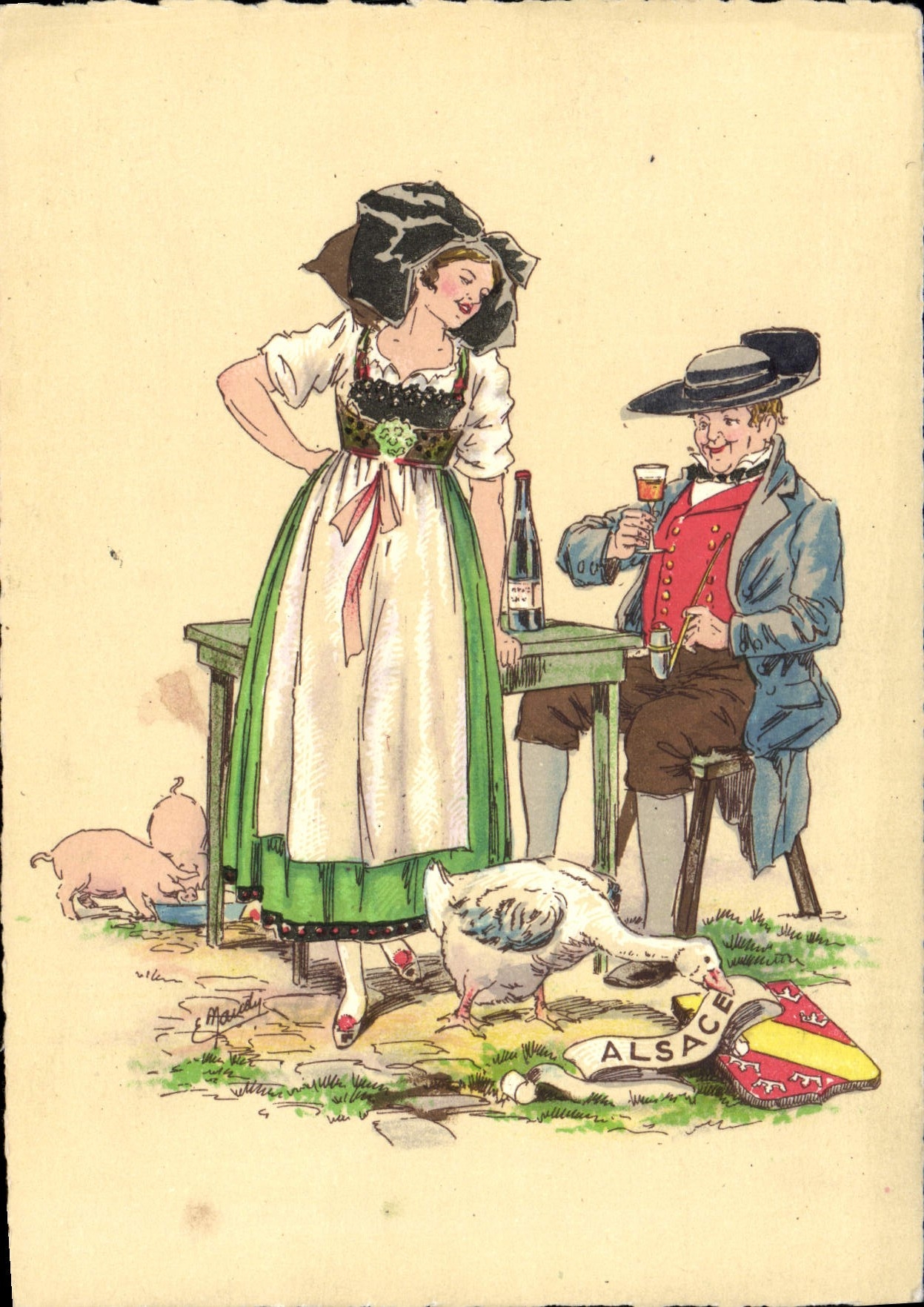 CPA Alsace Folklore Oie Cochons 