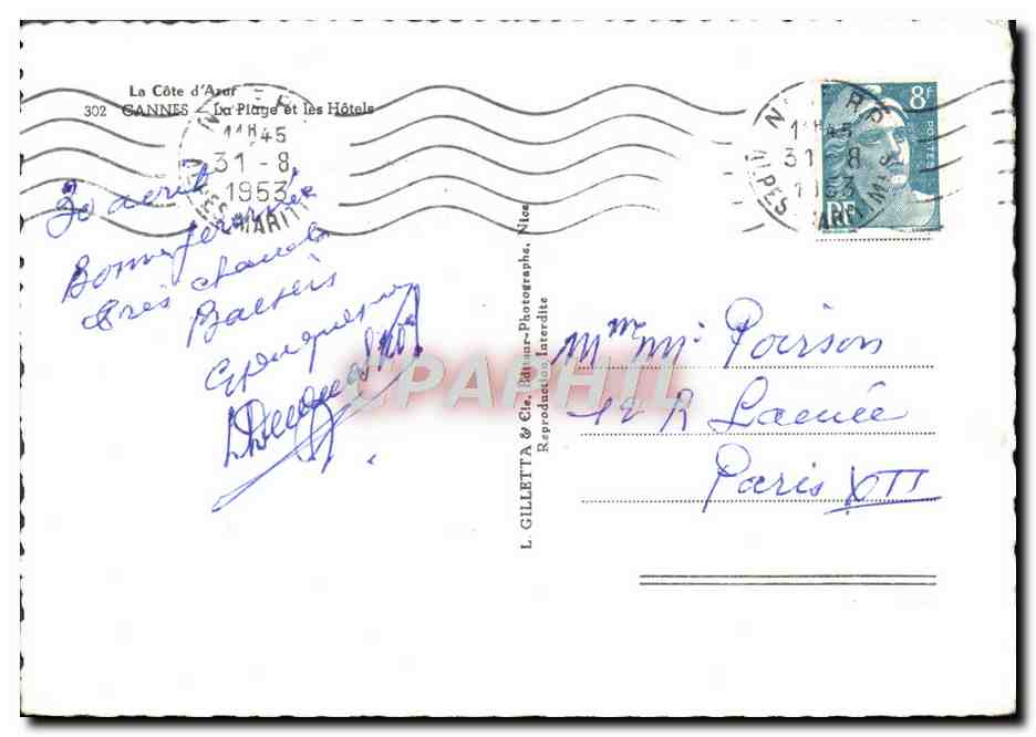CPM La Cote D'Azur Cannes La Plage et les Hotels — Verso