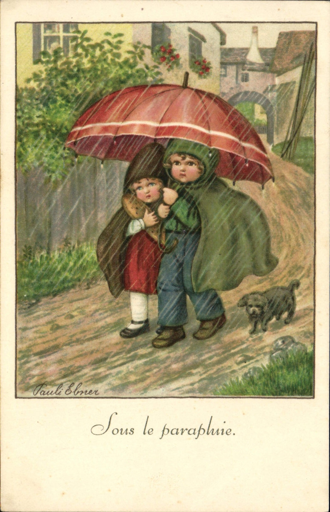 CPA Sous le Parapluie Enfants Chien