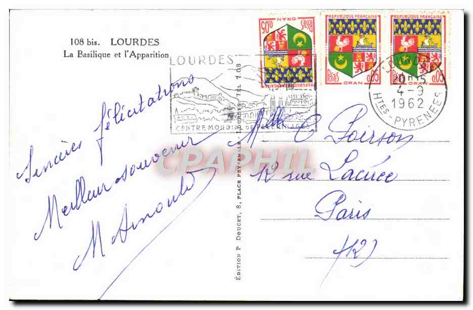CPA Lourdes La Basilique et L'Apparition — Verso