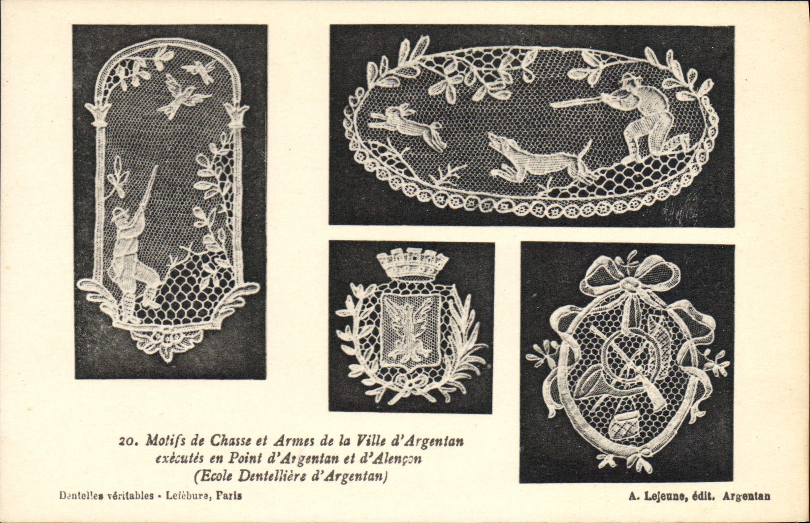 CPA Motifs de Chasse et Armes de la Ville d'Argentan executes en Point d'Argentan et d'Alencon Lapin Chien 