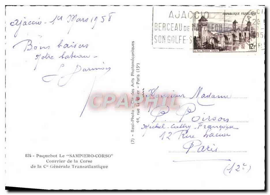 CPM Paquebot le Sampiero Corso Courrier de la Corse de la Cie Generale Transatlantique  — Rückseite
