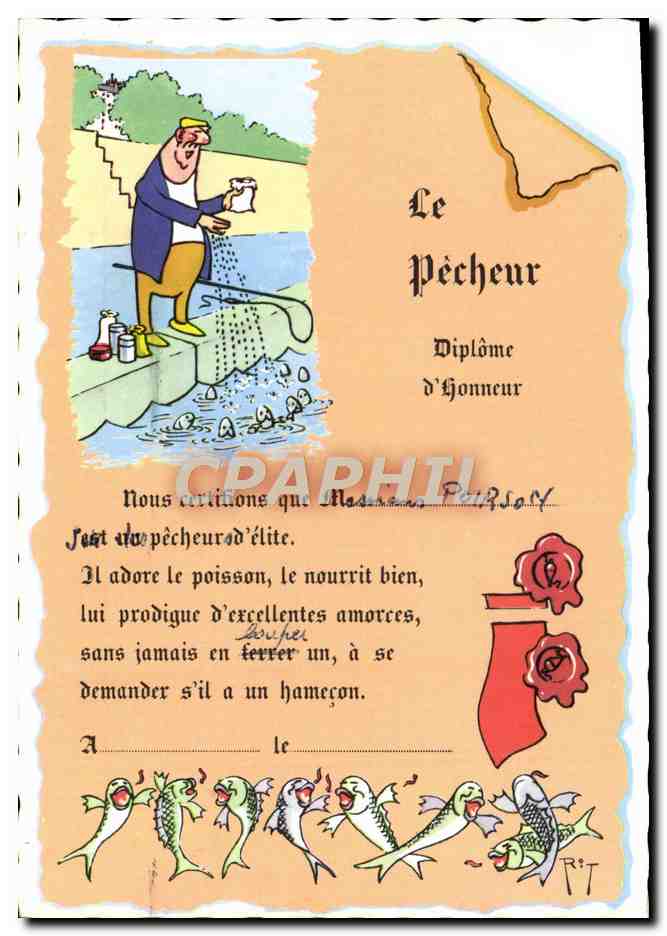 CPM Le Pecheur Diplome d'Honneur Peche Poirson poisson