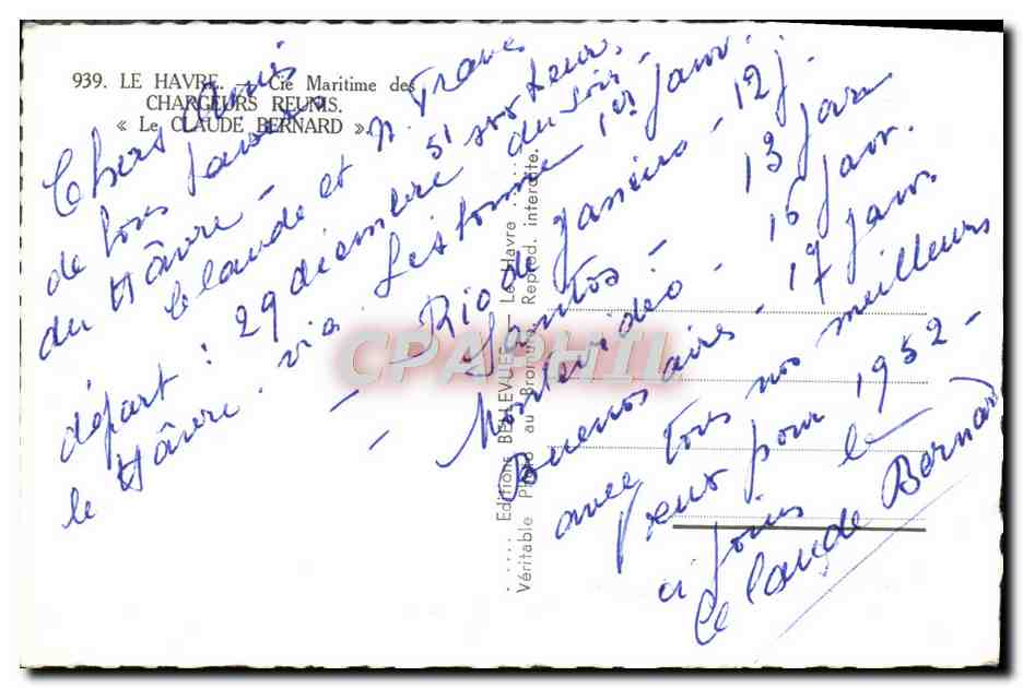 CPM Le Havre Cie Maritime Des Chargeurs Reunis Le Claude Bernard Bateau — Verso