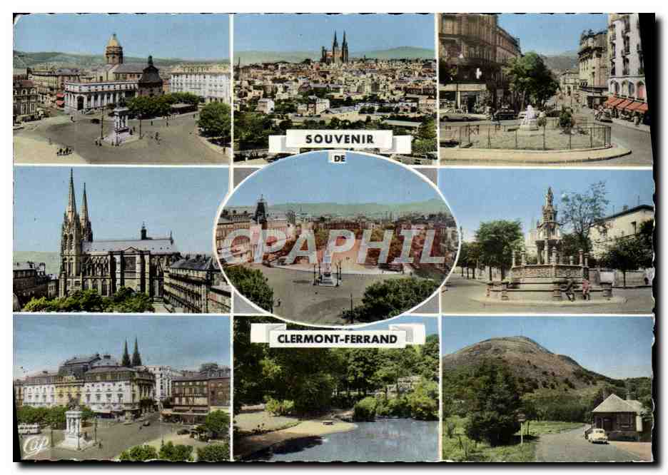 CPM Souvenir Clermont Ferrand Place de Jaude Vue generale Boulevard Desaix Cathedrale Fontaine d'Amboise 