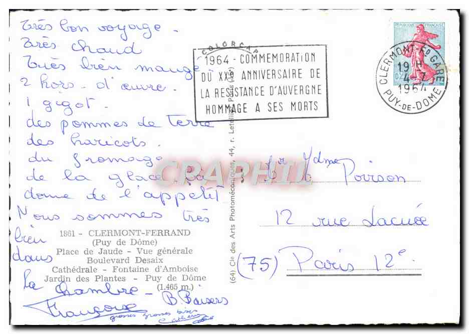 CPM Souvenir Clermont Ferrand Place de Jaude Vue generale Boulevard Desaix Cathedrale Fontaine d'Amboise  — Rückseite